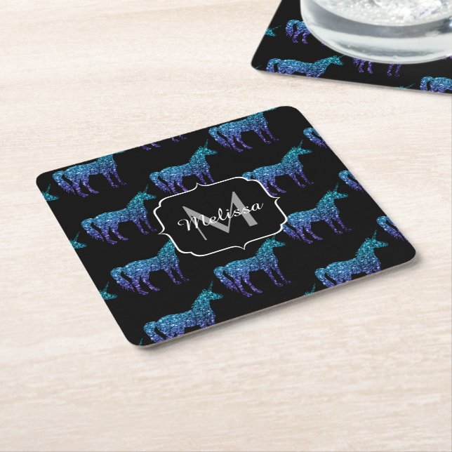 Unicorn Sparkles aqua blue ombre pattern Monogram Square Paper Coaster (Angled)