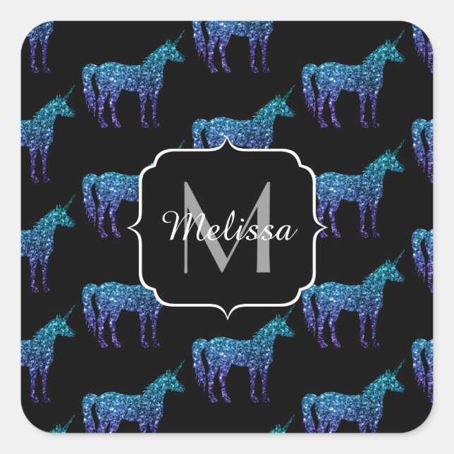 Unicorn Sparkles aqua blue ombre pattern Monogram Square Sticker (Front)