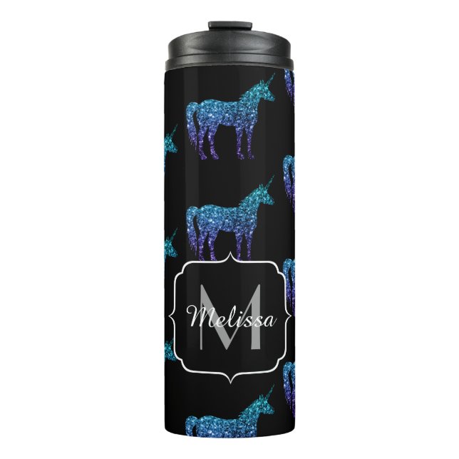 Unicorn Sparkles aqua blue ombre pattern Monogram Thermal Tumbler (Front)