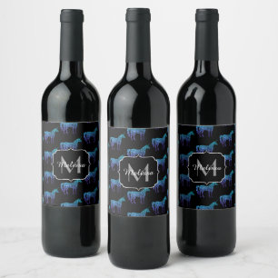 Unicorn Sparkles aqua blue ombre pattern Monogram Wine Label