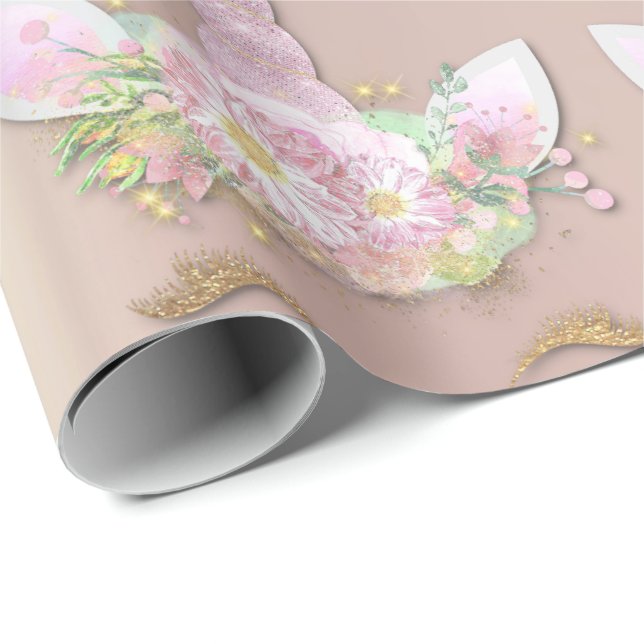 Unicorn Sparkly Glitter Pink Gold Floral Pearly Wrapping Paper (Roll Corner)