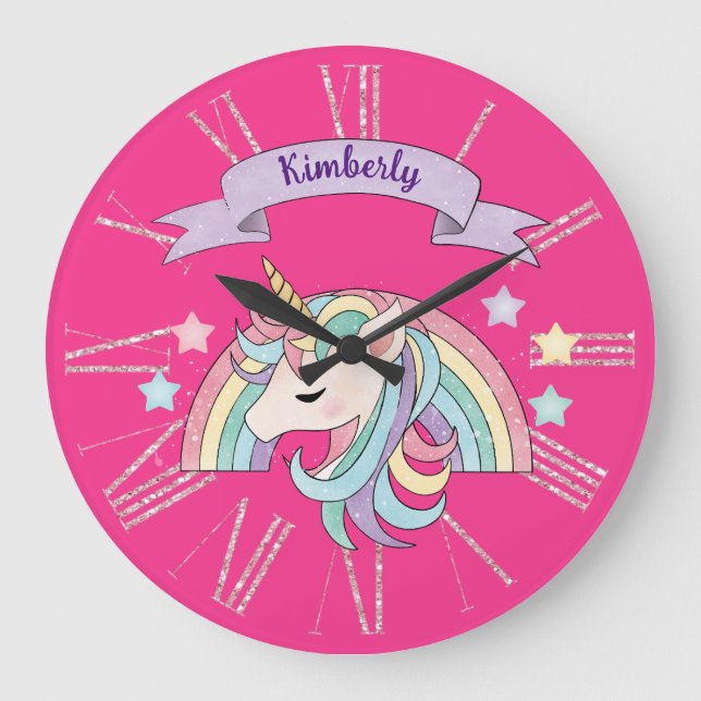 Unicorn & Sparkly Rainbow Custom Name on Hot Pink Large Clock (Front)