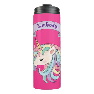 Unicorn & Sparkly Rainbow Custom Name on Hot Pink Thermal Tumbler