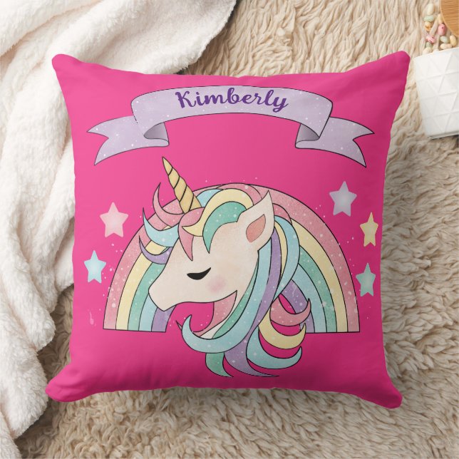 Unicorn & Sparkly Rainbow Custom Name on Hot Pink Throw Pillow (Blanket)