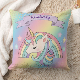 Unicorn & Sparkly Rainbow Gold Glitter Custom Name Throw Pillow