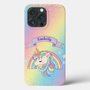 Unicorn & Sparkly Rainbow with Gold Glitter iPhone 13 Pro Case