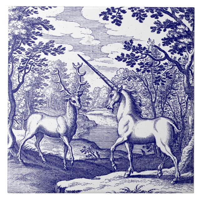 Unicorn & Stag Blue & White Tile (Front)