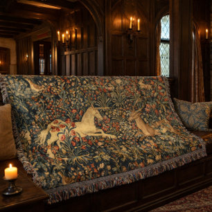 Unicorn & Stag Medieval Tapestry Throw Blanket
