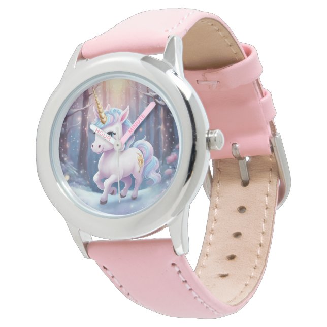 Unicorn - Stainless Steel Pink Leather Strap Watch (Angled)