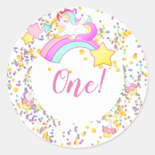 Unicorn, Stars, Cupcakes and Confetti Birthday Classic Round Sticker