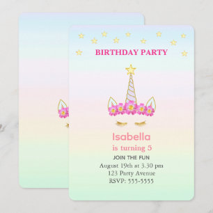 Unicorn & Stars on Pastel Colours Girl Birthday Invitation