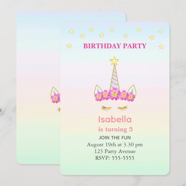 Unicorn & Stars on Pastel Colours Girl Birthday Invitation (Front/Back)