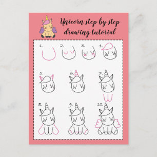 Unicorn step by step drawing tutorial postcard