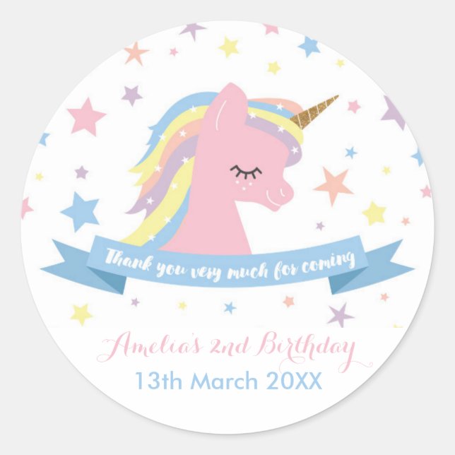 Unicorn stickers - birthday favour stickers (Front)
