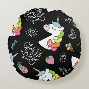Unicorn, strawberry, pineapple, ice cream drawings round pillow