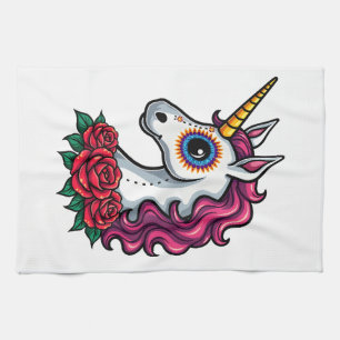 Unicorn Sugar Skull Mexican Art, Christmas T-Shirt Kitchen Towel