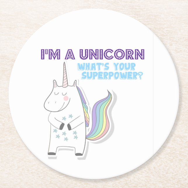Unicorn Superpower Round Paper Coaster (Front)