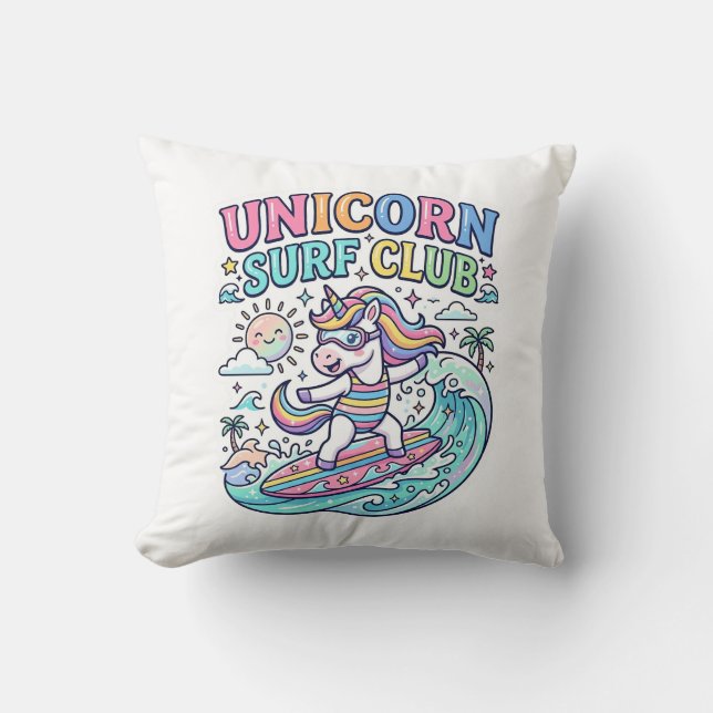 Unicorn Surf Club Throw Pillow (Front)