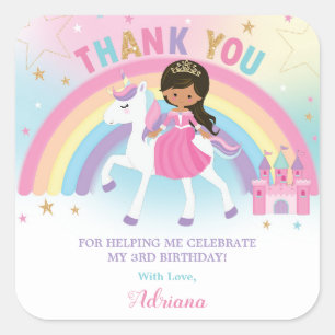 Unicorn Tan Princess Birthday Thank You Favor Square Sticker