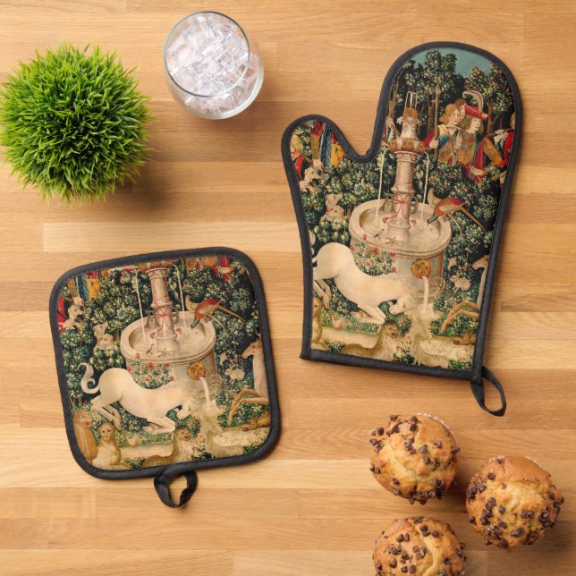 Unicorn Tapestries Found Legend Mythical Oven Mitt & Pot Holder Set (Top Down)