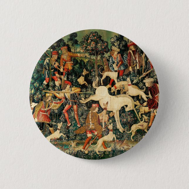 Unicorn Tapestries Medieval Classic Defends Hunt  2 Inch Round Button (Front)