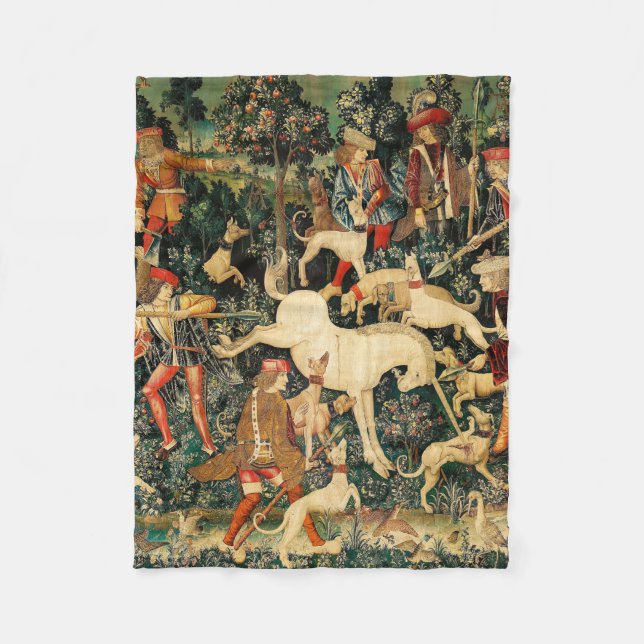 Unicorn Tapestries Medieval Classic Defends Hunt  Fleece Blanket (Front)