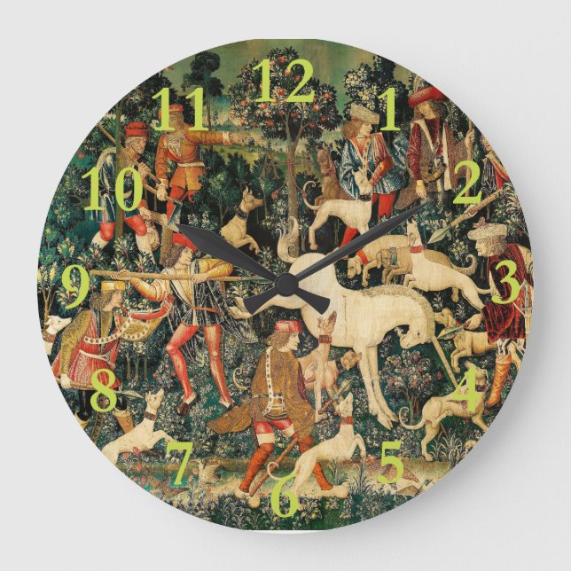 Unicorn Tapestries Medieval Classic Defends Hunt  Large Clock (Front)