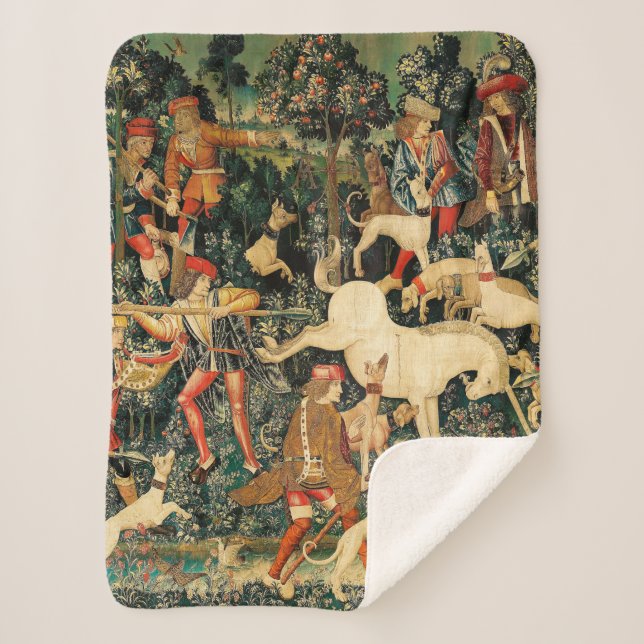 Unicorn Tapestries Medieval Classic Defends Hunt  Sherpa Blanket (Front)