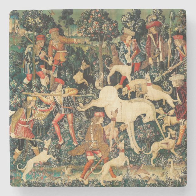 Unicorn Tapestries Medieval Classic Defends Hunt  Stone Coaster (Front)