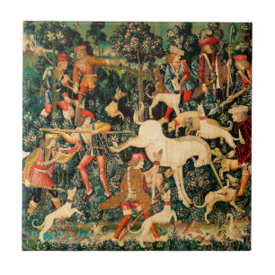 Unicorn Tapestries Medieval Classic Defends Hunt  Tile