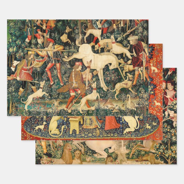 Unicorn Tapestries Medieval Classic Defends Hunt  Wrapping Paper Sheet (Set)