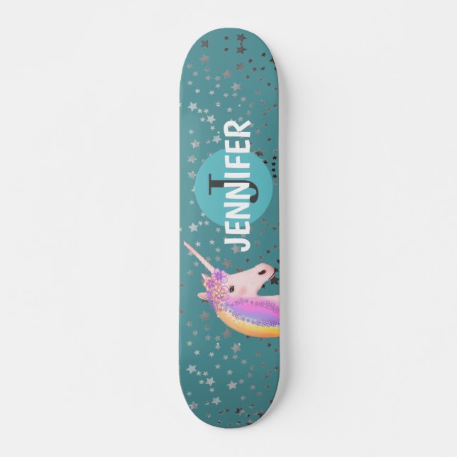 Unicorn Teal Fantasy Silver Stars Personalized Skateboard (Front)