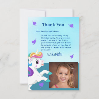 Unicorn Teal Photo Birthday Thank You Card