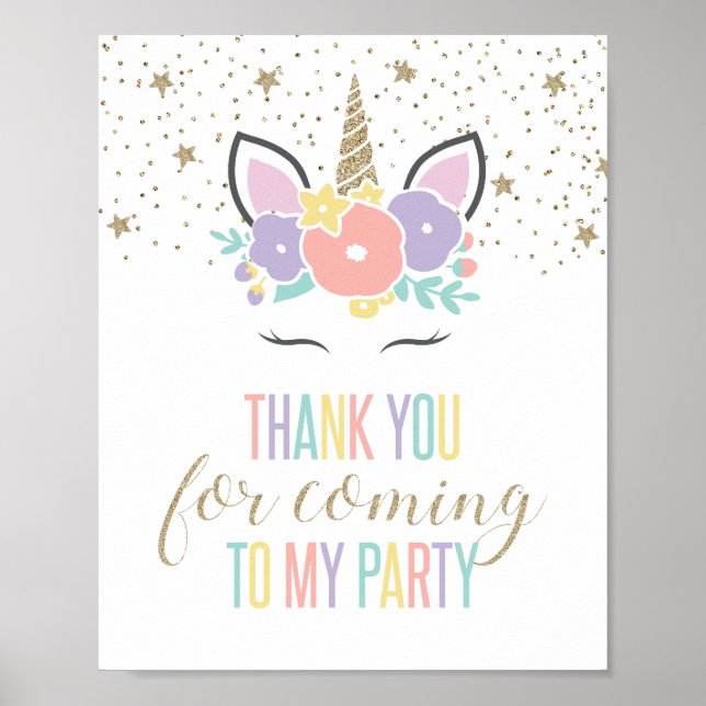 Unicorn Thank You Birthday Party Sign (Front)