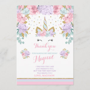Unicorn Thank You Card Pink Gold Magical Unicorn
