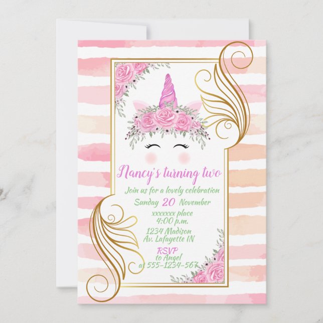 Unicorn Theme Baby Birthday Invitation (Front)