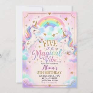 Unicorn Theme Five is a Magical Vibe 5th Birthday Invitation