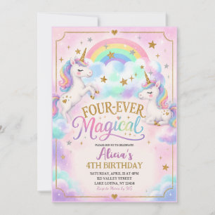 Unicorn Theme Four-ever Magical 4th Birthday Invitation