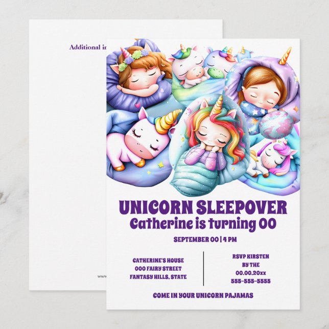 Unicorn theme sleepover slumber pajama girls invitation (Front/Back)