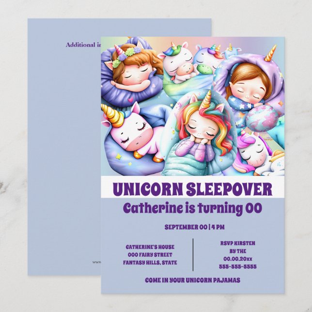 Unicorn theme sleepover slumber pajama party invitation (Front/Back)