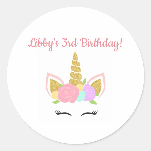 Unicorn Themed Birthday Party Sticker Round (Devant)