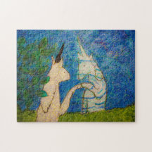 Unicorn touching reflection in a pond