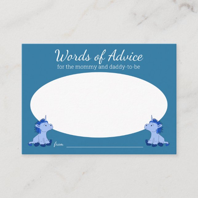 Unicorn Twins Blue Words of Advice Baby Shower Enclosure Card (Front)