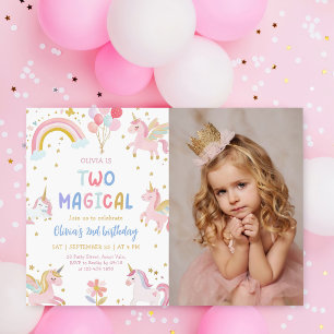 Unicorn Two Magical Pastel 2nd Birthday Photo Invitation