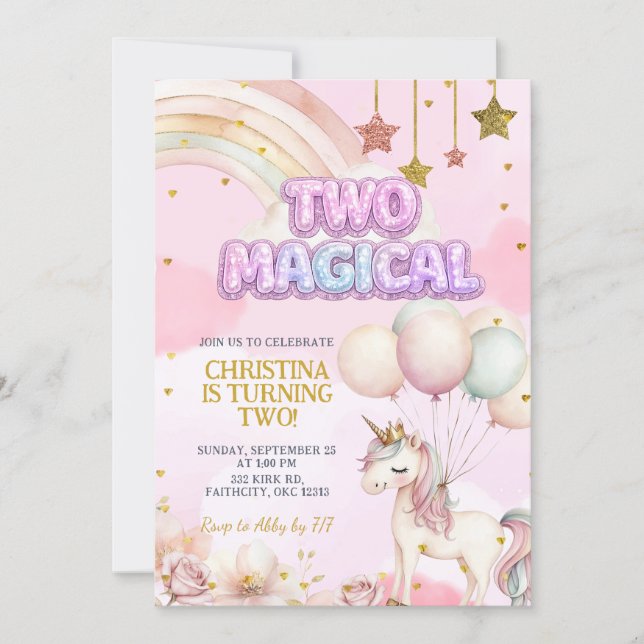 Unicorn Two Magical Pastel Birthday Invitation (Front)