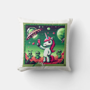 Unicorn UFO Selfie: Square Land (Pixel Art) #1 Throw Pillow