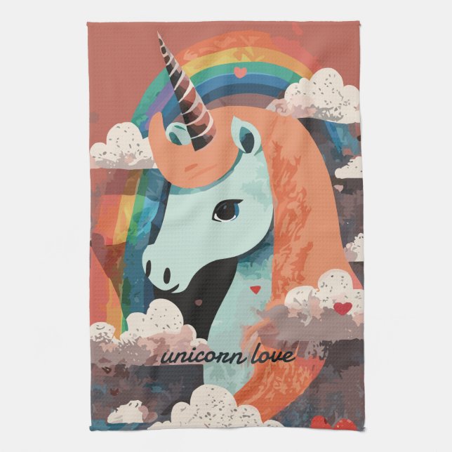 Unicorn under Rainbow & Among Hearts Kitchen Towel (Vertical)