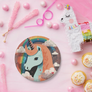 Unicorn under Rainbow & Among Hearts Paper Plate