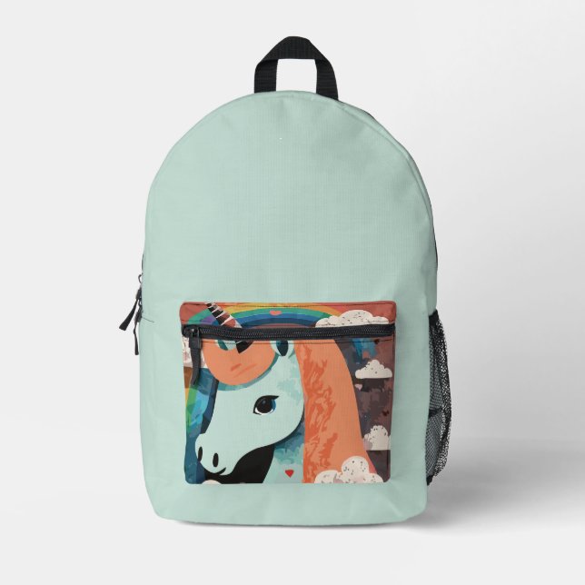 Unicorn under Rainbow & Among Hearts Printed Backpack (Front)