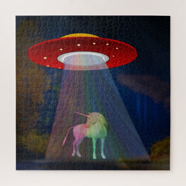 Unicorn Under UFO Rainbow Beam at Night, ZKoA Jigsaw Puzzle (Vertical)